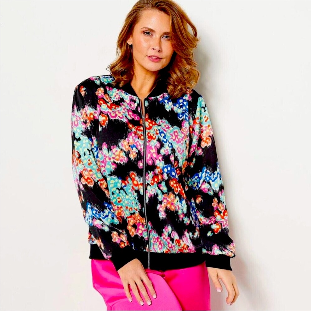 J Jason Wu Abstract Floral Faux Silk Bomber Style Front Zip Jacket